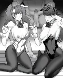 1boy 2girls after_blowjob after_fellatio after_oral anonymous_male breasts bunny_ears bunny_girl bunnysuit dnumde exposed_breasts hand_on_head holding_pregnancy_test implied_fellatio implied_oral kasumi_yoshizawa kujikawa_rise leggings leotard monochrome nipples persona persona_4 persona_5 pregnancy_test pubic_hair pubic_hair_in_mouth questionable_consent stray_pubic_hair submissive_female sumire_yoshizawa