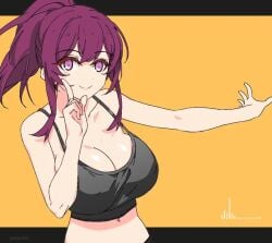 animated audible_music bare_shoulders black_tank_top bouncing_breasts breasts cleavage closed_mouth collarbone covered_nipples crop_top dancing female finger_to_cheek finger_wagging hair_between_eyes hand_up high_ponytail honkai:_star_rail honkai_(series) hopping hoshino_ruby_dance index_finger_raised jumping kafka_(honkai:_star_rail) kili_kilio large_breasts long_hair looking_at_viewer midriff navel open_hand orange_background oshi_no_ko outstretched_arm pointing pointing_at_self ponytail purple_eyes purple_hair sidelocks simple_background smile solo sound sound_wave stomach tagme tank_top video