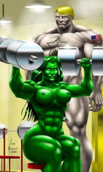 1boy 1girls 2009 abs american_flag areola avengers big_breasts blonde_hair blue_eyes bodybuilder breasts color colored dumbbells female green_eyes green_hair green_skin hulk_(series) large_breasts long_hair male mantoano marvel marvel_comics muscles muscular muscular_female muscular_male navel nipples nude she-hulk short_hair steve_rogers tagme tattoo weightlifting workout