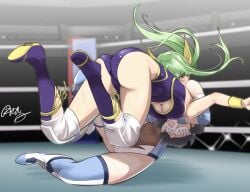 2girls catfight hanabusa_(xztr3448) minami_toshimi sakurai_chisato thighs wrestle_angels wrestler wrestling wrestling_boots wrestling_outfit wrestling_ring wrestling_singlet wrestlingryona