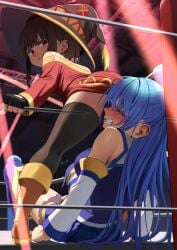 2girls aqua_(konosuba) blush catfight defeated female female_only humiliated humiliation izawa_(bhive003) kineluchs kono_subarashii_sekai_ni_shukufuku_wo! megumin multiple_girls spread_legs stinkface submission submission_hold submissive_female thighs wrestling wrestling_femdom wrestling_ring wrestlingryona younger_female yuri