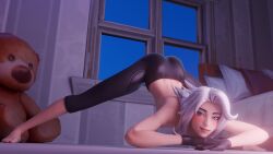 1girl 1girls 3d 3d_(artwork) aktinsfw ass ass_up black_cat_(fortnite) black_cat_(marvel) blush blushing blushing_at_viewer blushing_female capri_pants felicia_hardy female fortnite gloves jack-o_pose leggings looking_at_viewer marvel marvel_comics pants_only solo solo_female spider-man_(series) teddy_bear topless topless_female white_hair