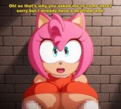 amy_rose angelauxes anthro big_breasts blue_eyes breasts censored censored_nipples cheating cheating_girlfriend comic dialogue english_text huge_breasts human imminent_sex large_breasts large_nipples massive_breasts mobian_(species) ntr sega shirt_lift shirt_up smile sonic_(series) sonic_the_hedgehog_(series) speech talking_to_viewer text voluptuous voluptuous_female