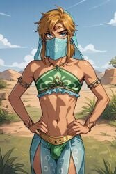 ai_generated blonde_hair blonde_male bulge femboy gerudo_link gerudo_outfit hands_on_hips link mask plumpthlump skinny skinny_male the_legend_of_zelda veil