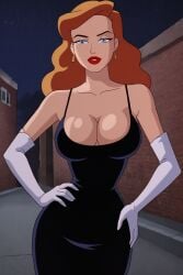 ai_generated andrea_beaumont arms batman:_mask_of_the_phantasm batman_(series) big_breasts black_latex_dress blue_eyes breasts brown_hair cartoon cleavage dc_comics dcau dcuaom dress earrings fantasyai female female_only hands latex latex_elbow_gloves lips lipstick long_hair looking_at_viewer outdoors outside smile teeth white_latex_elbow_gloves