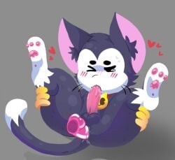 blush dildo dildo_in_ass feline kit_(brawl_stars) self_sucking small_male solo solo_male sucking_own_penis sucking_penis