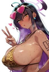 1girls ai_generated big_breasts blue_archive halo heart_sunglasses karin_(blue_archive) leopard_print_bikini nipples_visible_through_clothing pahupahu_jk peace_sign sweating tanned_female tanned_skin v_sign