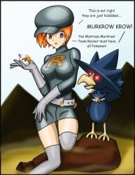 belt boots gloves glowing_eyes hat hypnosis hypnosis kasumi_(pokemon) mind_control murkrow orange_hair pokeball rosvo skirt team_rocket