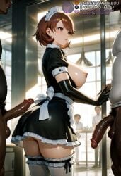 3boys ai_generated apron ass atlus balls black_dress black_gloves blush breasts breasts_out brown_eyes brown_hair closed_mouth dark-skinned_male dark_skin dress earrings elbow_gloves enmaided erection female frilled_apron frilled_dress frilled_thighhighs frills gloves indoors interracial jewelry large_breasts large_penis maid maid_apron maid_headdress male_pubic_hair meitabuu multiple_boys nipples no_bra parted_lips penis persona persona_3 persona_3_reload pubic_hair puffy_short_sleeves puffy_sleeves shirt short_dress short_hair short_sleeves solo_focus standing straight stud_earrings swept_bangs testicles thighhighs thighs uncensored veins veiny_penis waist_apron white_apron white_thighhighs yukari_takeba zettai_ryouiki