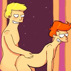 2boys anal_penetration anal_sex blonde_hair doggy_style futurama gay grin lazystar looking_at_partner looking_down male male_only multiple_males no_visible_genitalia nude orange_hair philip_j_fry starry_background tagme teeth yaoi zapp_brannigan