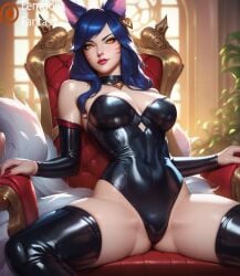 1girls ahri ai_generated big black_latex black_latex_bodysuit black_latex_thighhighs breasts dominant domination explicit female femdom femdomfantasyai fire latex latex_bodysuit latex_thighhighs league_of_legends nation nude obey ordering room rules throne worship