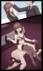 1boy 1girls all_fours ass balls_stretcher ballsack butt clothed_female_nude_male completely_nude completely_nude_male crawling crossed_legs female femdom hourglass_figure kikiu_bd legwear lingerie necktie nude nude_male nude_male_clothed_female sex_toy sitting sitting_on_back sitting_on_person spanked spanked_ass spanked_butt spanked_mark testicles thick_thighs thighhighs thighs whip woman yellow_lingerie