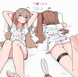 109kpm 2025 2girls aged_up bed blue_eyes bottomless brown_hair duo evil_neuro hair_ribbon hugging_pillow indie_virtual_youtuber long_hair neuro-sama no_sex no_visible_genitalia on_back on_front pillow retweet_challenge scissors shirt shirt_only strip_game t-shirt t-shirt_only thigh_strap topwear twintails virtual_youtuber vtuber