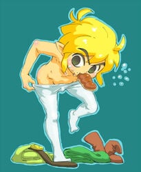 1boy black_eyes blonde_hair blush bread chibi clothes_on_floor embarrassed link male male_only pants shirtless simple_background stockings sweat the_legend_of_zelda the_wind_waker tights toon_link wind_waker young
