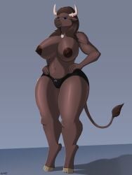 3:4 anthro areola big_breasts black_eyes blue_sclera bovid bovine breasts brown_areola brown_body brown_fur brown_hair brown_nipples brown_nose clothed clothing curvy_figure european_mythology exposed_breasts female female_minotaur fur greek_mythology grey_background grumpy hand_on_hip hi_res hooves horn huge_breasts jewelry long_hair mammal minotaur mythology navel necklace nihea_avarta nipples nude panties shadow signature simple_background solo tail tail_tuft tan_hooves tan_horn thick_thighs topless tuft underwear unguligrade unusualmatias voluptuous wide_hips