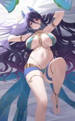 1girls absurdres anklet arabian_clothes armlet armpits azur_lane blue_choker breast_curtains breasts chi_an_(azur_lane) chi_an_(exotic_dreamland)_(azur_lane) choker dancer_outfit dragon_empery_(azur_lane) female flower gold_thighlet hair_spread_out hands_in_own_hair harem_outfit highres jewelry kafeifeifeifeifeifei_jiemo_jun large_breasts light-skinned_female light_skin long_bangs long_hair looking_at_viewer lotus lying navel official_alternate_costume purple_hair revealing_clothes sagging_breasts smile solo thighlet