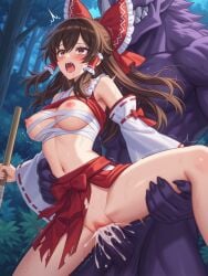 1boy 1boy1girl 1girl 1girls ai_generated belly bowtie breasts breasts_out brown_eyes brown_hair cum cum_in_pussy cum_inside cumming detached_sleeves ejaculation ejaculation_while_penetrated forest hakurei_reimu holding huge_cock medium_breasts monster navel night nipples red_bow red_skirt reimu_hakurei saliva sarashi screaming shrine_maiden susus_bakus sweat torn_clothes torn_clothing torn_shirt touhou tree trees trembling youkai