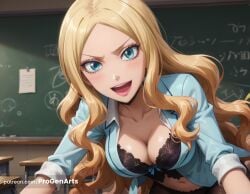 1girls ai_generated assassination_classroom black_bra black_panties blonde_hair blue_eyes blue_jacket blush bra breasts chalkboard classroom cleavage collarbone desk hi_res indoors irina_jelavic large_breasts long_hair looking_at_viewer navel open_clothes open_mouth open_shirt panties pantyhose parted_bangs patreon_username progenarts shirt smile solo teacher underwear