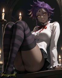 ai_generated amber_eyes black_panties candles clothed_female d.gray-man dark-skinned_female looking_at_viewer panties purple_hair road_kamelot short_hair skirt stockings