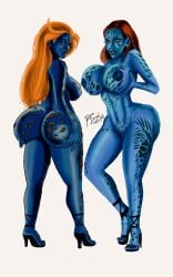 2girls ass big_ass big_breasts blue_skin breasts bubble_butt carmen_electra epic_movie female high_heels huge_breasts marvel mystique nipples nude orange_hair porn_star pussy real_person red_hair ronindraw x-men