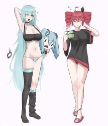 2d 2d_(artwork) 2girls ahoge alternate_hairstyle armpits ass_visible_through_thighs belly bland0_0 blue_eyes blue_hair bra breasts casual_clothes cleavage female female_only full_body hairbow hatsune_miku kasane_teto kasane_teto_(sv) long_hair loose_clothes mature_female medium_breasts navel oversized_shirt panties pear pearto plushie red_eyes red_hair striped_panties synthesizer_v thigh_gap thighhighs thighs twin_drills utau vocaloid white_background yawn