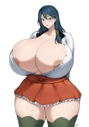 aged_up batako_(batakoart) blue_eyes blue_hair blush breasts cleavage curvy female female_focus fire_emblem gigantic_breasts highres long_hair looking_at_viewer matching_hair/eyes milf nintendo nipple_slip nipples oribe_tsubasa skindentation solo thick_thighs thighhighs thighs tokyo_mirage_sessions_fe wide_hips