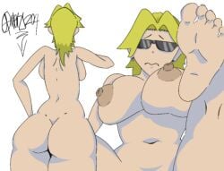 2d 2d_(artwork) areolae big_ass big_breasts blonde_hair earrings feet female multiple_views naked naked_female nipples sitting standing sunglasses