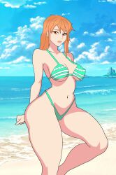 bikini bikini_bottom bikini_top breasts breasts breasts brown_eyes clothed clothing ginger ginger_hair nami nami_(one_piece) one_piece orange_hair sexy