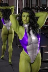 1girls 3d ass big_ass black_hair female green_skin gym hands_behind_head ledeuss556 looking_at_viewer marvel mirror she-hulk solo