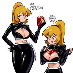 1girls blonde_female blonde_hair blue_eyes bra cleavage female female_focus female_only item_in_cleavage leather leather_clothing leather_gloves leather_jacket leather_pants light-skinned_female light_skin marri_(selvish94) midriff navel oc original original_character ruby_(gem) selvish94