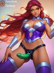 1girls ai_generated bondage dc_comics dildo dominant domination dominatrix face female femdom femdomfantasyai smug solo starfire strap-on strapon teen_titans