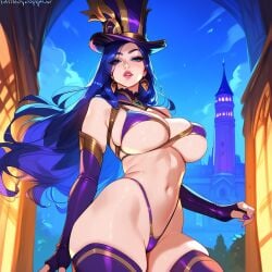 2d ai_generated big_breasts bikini caitlyn_kiramman female female_focus female_only hat highleg league_of_legends long_hair night outdoors solo solo_female solo_focus tagme thighhighs tophat