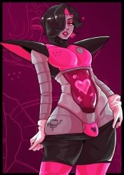 1boy black_hair bulge femboy hair_over_one_eye loggus_doggus looking_at_viewer male metallic_body mettaton mettaton_ex narrowed_eyes penis_bulge pink_eyes pink_hair robot smiling smiling_at_viewer standing thick_thighs thong two_tone_hair undertale very_high_resolution