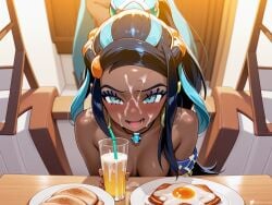 ai_generated blue_eyes blue_hair cum cum_on_face dark_skin drinking drinking_cum embarrassed nessa_(pokemon) nude tan_body