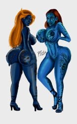 2girls amanda_nicole ass big_ass big_breasts blue_skin breasts bubble_butt carmen_electra epic_movie female high_heels huge_breasts marvel mystique nipples nude orange_hair porn_star pussy real_person red_hair ronindraw x-men