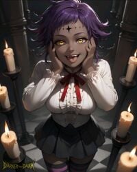 ai_generated amber_eyes candles clothed_female d.gray-man dark-skinned_female exited hands_on_own_face purple_hair road_kamelot short_hair skirt stockings