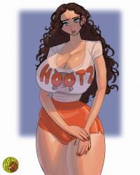 1girls artfoo_1 big_breasts brown_hair female female_focus female_only hooters huge_breasts light-skinned_female light_skin long_hair looking_at_viewer massive_breasts original shorts thick_thighs voluptuous voluptuous_female