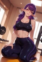 ai_generated balecxi black_sports_bra braid breasts cleavage esil_radiru female gym indoors long_hair looking_at_viewer pants pointy_ears purple_hair red_eyes smile solo solo_leveling sports_bra sweat thighs yoga_pants