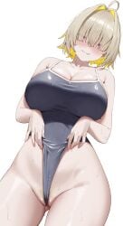 :3 absurdres ahoge blonde_hair breasts cleavage closed_mouth elegg_(nikke) female female_pubic_hair frontal_wedgie goddess_of_victory:_nikke groin hair_between_eyes hair_intakes hair_over_eyes highres large_breasts looking_at_viewer nikku_nana oerba_yun_fang one-piece_swimsuit partially_visible_vulva pubic_hair pulling_own_clothes purple_eyes self_wedgie short_hair simple_background solo swimsuit wedgie wet white_background wide_hips