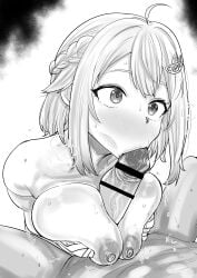 1boy 1girls alternate_breast_size asian asian_female big_breasts blowjob blowjob_face blush breasts female hayama_marin kaiman_garupan large_breasts looking_at_partner male monochrome nijisanji nipples nude nude_female open_mouth oral paizufella paizuri paizuri_lead_by_female paizuri_on_lap penis straight sweat tomboy virtual_youtuber