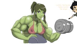 1boy 1girls avatar_legends bra crossover english_text female green_skin korra kyptova mako male marvel medium_breasts muscular muscular_female she-hulk straight_hair suzuka_(edit) text the_avatar the_legend_of_korra water_tribe weightlifting workout