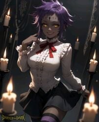 ai_generated amber_eyes candles clothed_female d.gray-man dark-skinned_female exited hands_on_own_face purple_hair road_kamelot short_hair skirt stockings