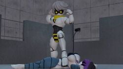 1boy 1girls 2024 3d bikini black_bikini bulge defeated_female flexing_arms glitch_productions handkerchief hat headwear mmd murder_drones n_(murder_drones) neckwear on_the_floor purple_hair_female robot_humanoid ryona sourheartrumbles swimsuit unconscious uzi_(murder_drones) white_hair_male wrestling