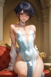 1boy acw ai_generated bare_shoulders bare_thighs black_hair bulge cleavage cocktail_dress cute femboy feminine_male girly light-skinned_male light_skin looking_at_viewer male nipple_bulge penis_bulge red_eyes short_hair slim smile solo solo_male thighs trap young