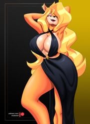 1girls 2022 absurd_res anthro bandicoot big_breasts black_dress blonde_hair crash_(series) crash_(series) dcelestial dress earrings female female_only green_eyes hands_behind_head inner_sideboob long_hair looking_at_viewer narrowed_eyes open_mouth sideboob smiling smiling_at_viewer solo tawna_bandicoot thick_thighs