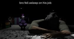 asleep back_room big_ass bubble_ass bubble_butt bulge femboy fnaf half_shirt imminent_death looking_at_another looking_at_viewer male male_only meme mishuyuu penis_bulge ponytail purple_body purple_guy_(fnaf) purple_hair security_guard sfm shortstack source_filmmaker text thick_ass thick_thighs thong_panties william_afton