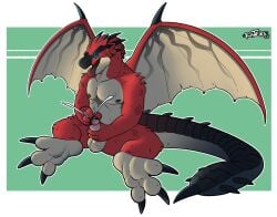 absurd_res anthro balls bodily_fluids capcom cum dragon feet flying_wyvern genital_fluids genitals hi_res male male_only masturbation monster_hunter mythological_creature mythological_scalie mythology paws penis rath_wyvern rathalos rusters scalie solo wings