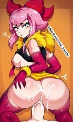 ai_generated bare_shoulders big_butt big_penis black_collar black_eyelashes black_shirt breasts crop_top cum cum_in_pussy cum_on_butt cum_on_hair doggy_style elbow_gloves female hairbow looking_at_viewer melodie_(brawl_stars) on_floor pink_gloves pink_hair pussy solo straight uncensored viewed_from_behind yellow_bracelet