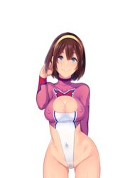 adjusting_hair bare_legs blue_eyes blush breasts brown_hair butcha-u cleavage cleavage_cutout covered_navel cowboy_shot erect_nipples female game_cg hairband kenzen!_hentai_seikatsu_no_susume large_breasts legs leotard looking_at_viewer maezono_chinami mound_of_venus navel original pubic_hair see-through short_hair simple_background smile solo standing thighs transparent_background