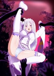 1girls arm_grab captured captured_heroine elf elf_ears elf_female emilia_(re:zero) kisaragi_setsu_(mssk8485) leg_grab molestation panties petelgeuse_romaneeconti purple_eyes re:zero_kara_hajimeru_isekai_seikatsu silver_hair spread_legs thick_thighs